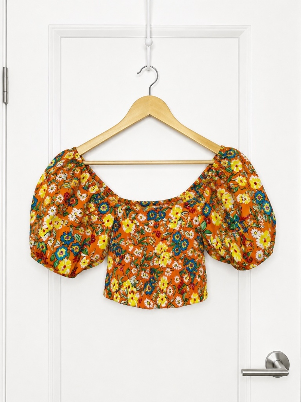 Zara Floral Puff Sleeve Smocked Crop Top Size Medium